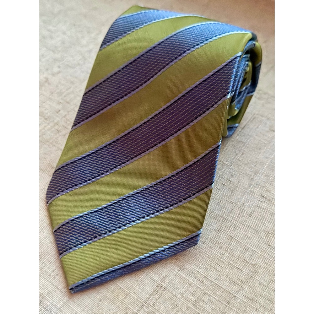 Tasso Elba Mens Silk Tie Green Blue Diagonal Striped Hand Made Necktie 0968